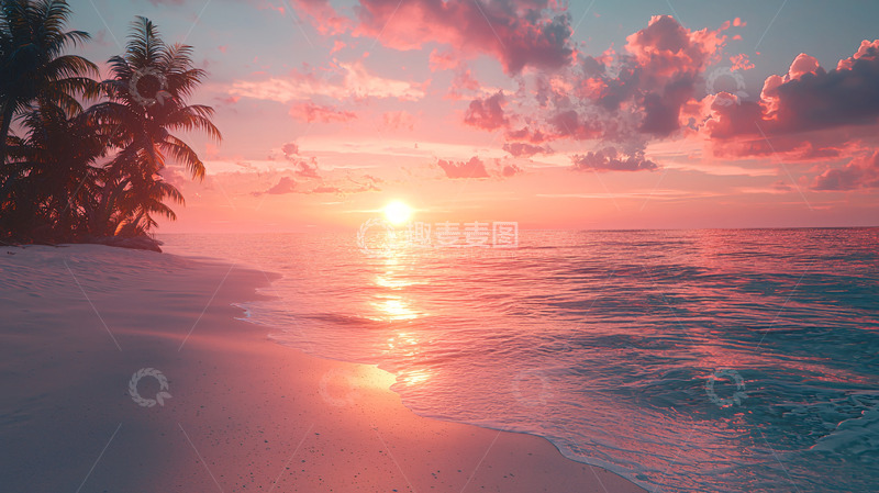 高清大图下载【趣麦麦图】粉色天空下的海滩日落