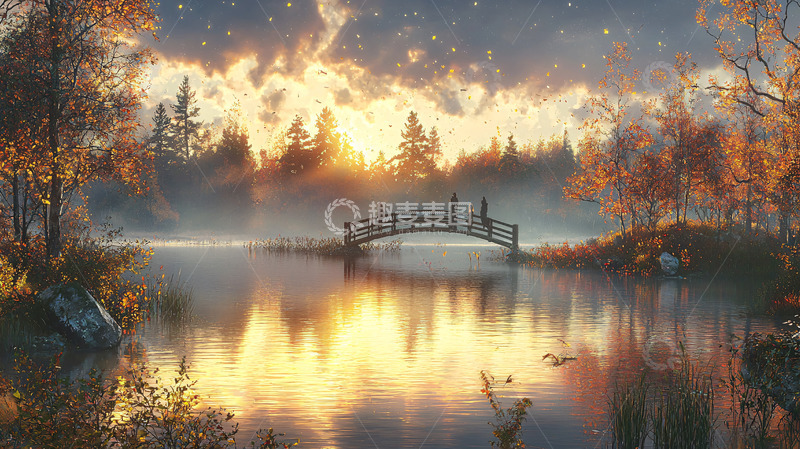 高清大图下载【趣麦麦图】秋日清晨湖边小桥