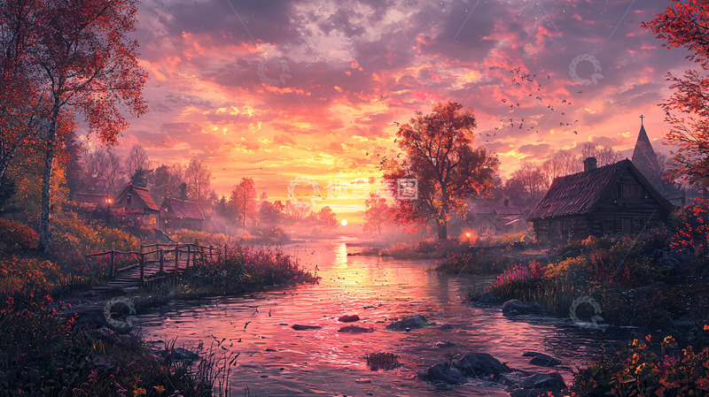 高清大图下载【趣麦麦图】秋日傍晚村庄景色