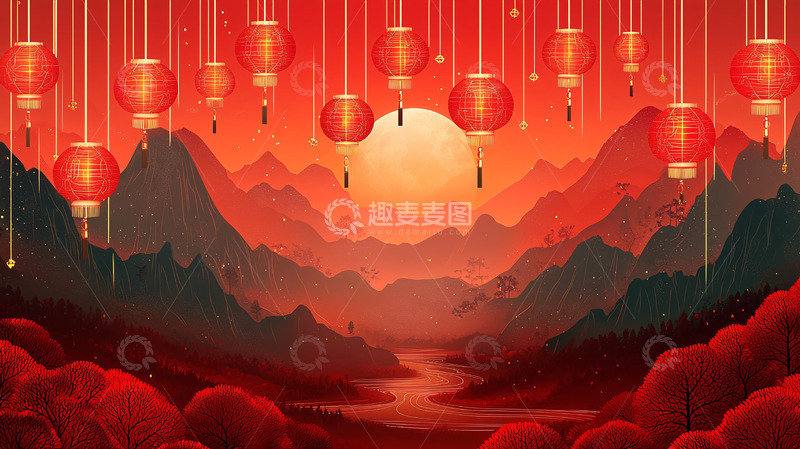 高清大图下载【趣麦麦图】红灯笼山川日落图