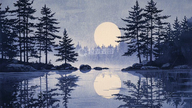 高清大图下载【趣麦麦图】静谧月夜森林湖泊