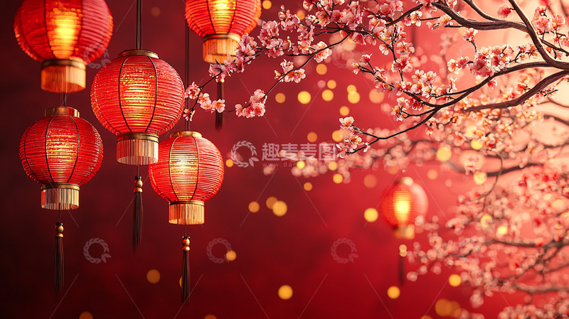 高清大图下载【趣麦麦图】红色灯笼与梅花的新年背景