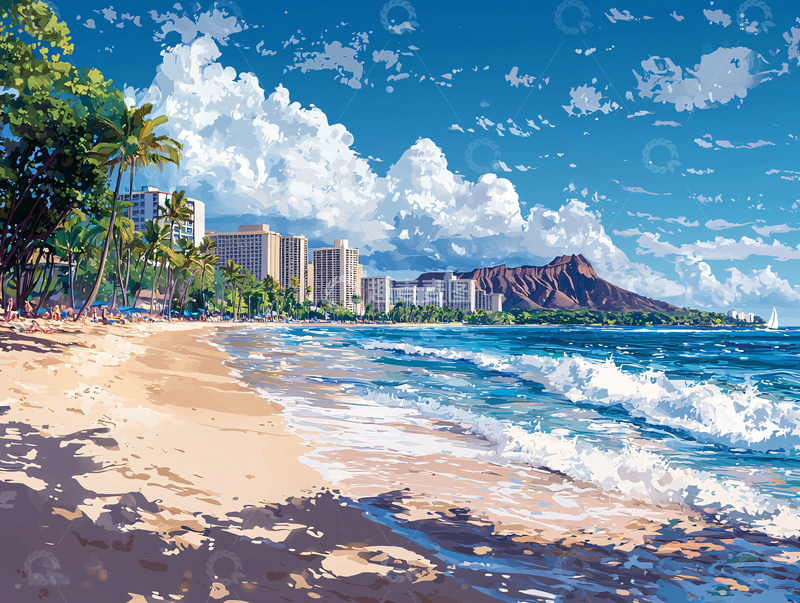 高清大图下载【趣麦麦图】夏日海滩城市风光