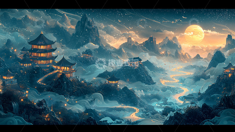 高清大图下载【趣麦麦图】雪山古寺月夜图