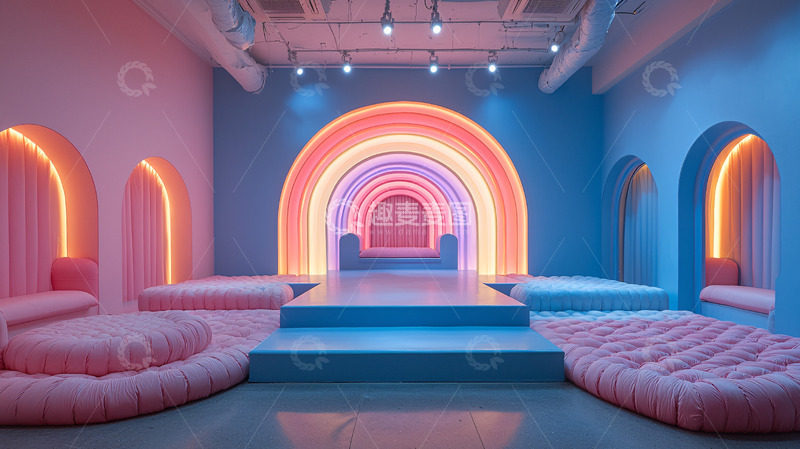 高清大图下载【趣麦麦图】梦幻彩虹拱门粉色蓝色空间