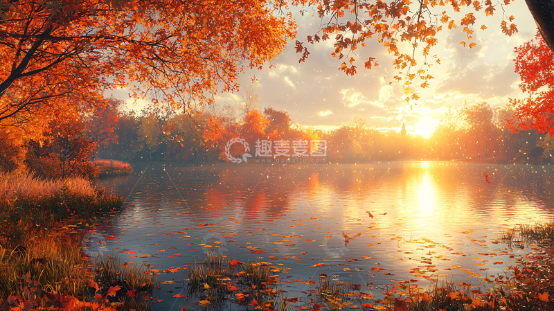 高清大图下载【趣麦麦图】秋日湖边落日美景