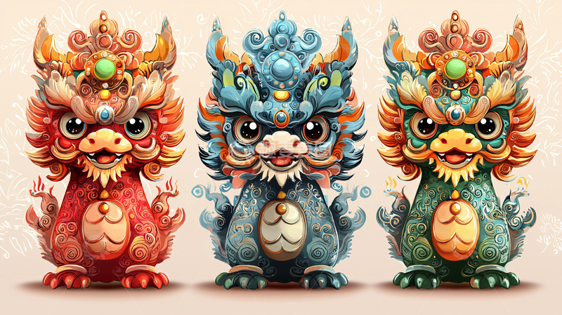 高清大图下载【趣麦麦图】三只卡通风格的中国龙