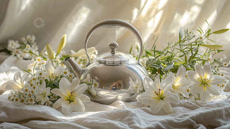 高清大图下载【趣麦麦图】优雅的茶壶与百合花