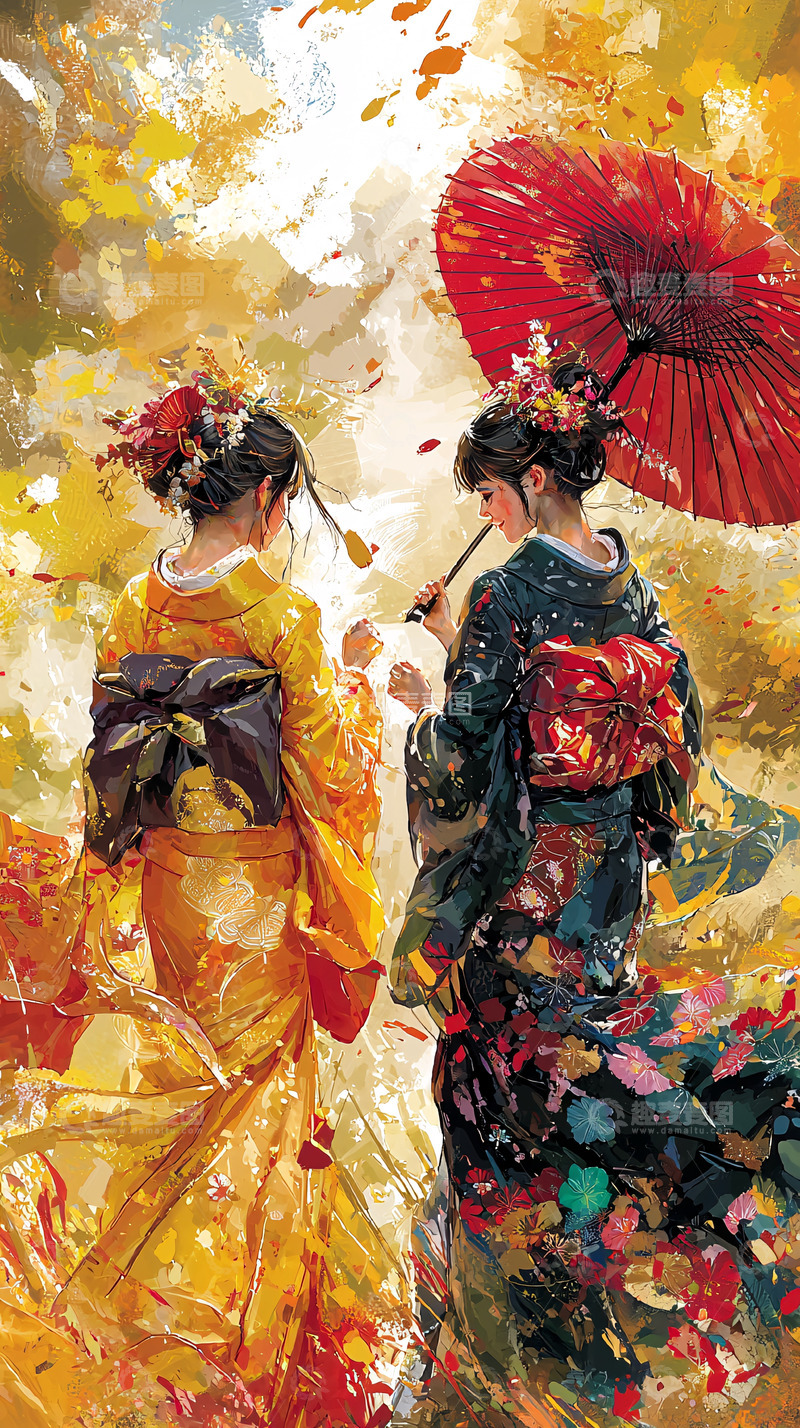 高清大图下载【趣麦麦图】秋日和服女子油画