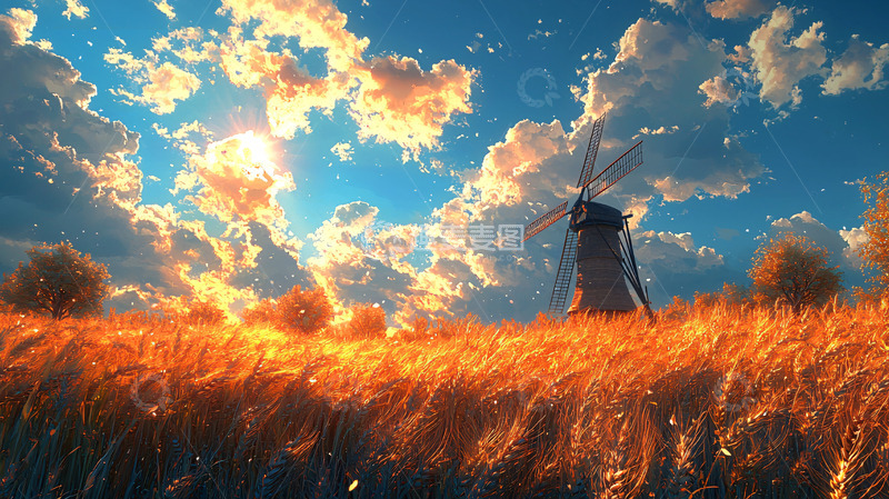 高清大图下载【趣麦麦图】夕阳麦田风车风景画