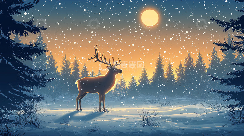高清大图下载【趣麦麦图】冬夜森林里孤独的雄鹿