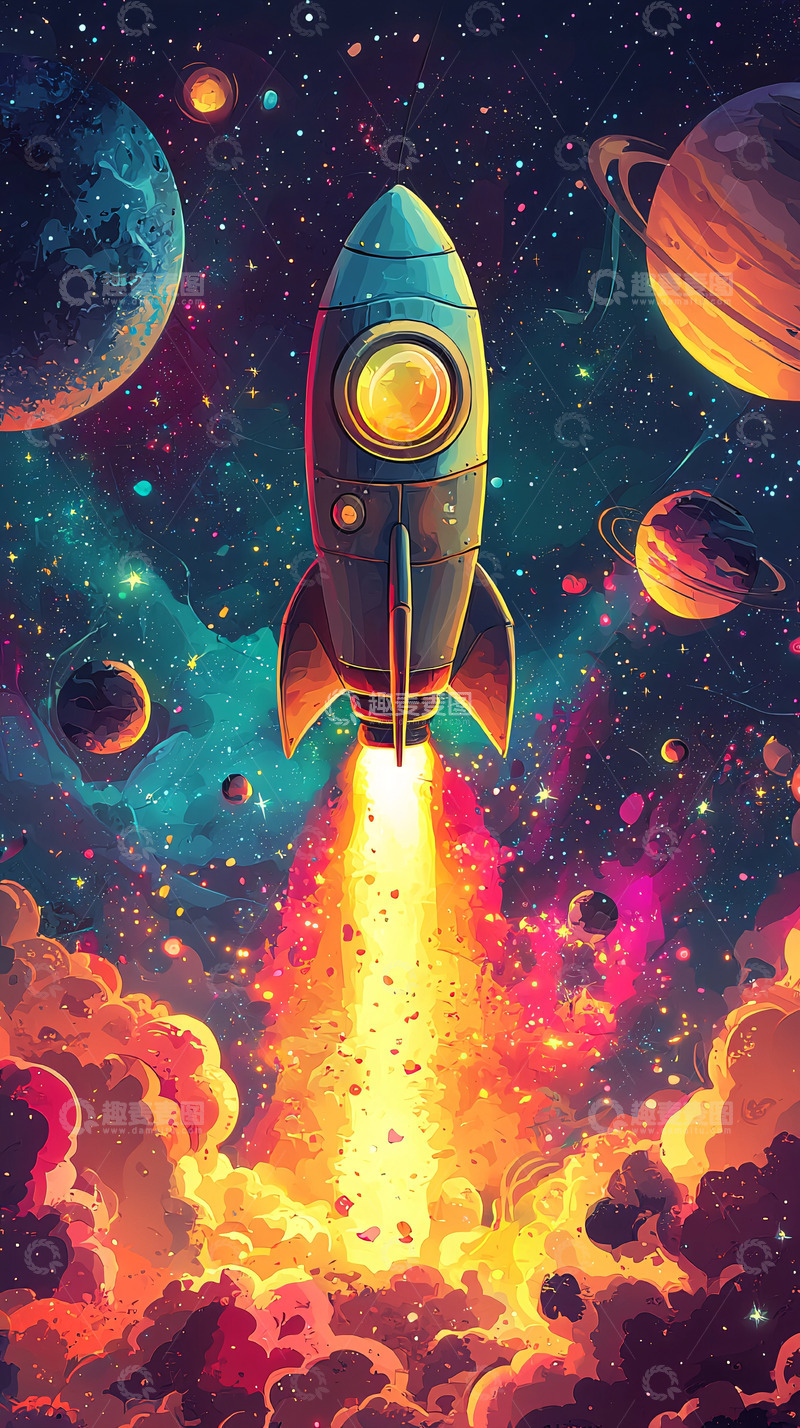 高清大图下载【趣麦麦图】火箭飞向宇宙星空的幻想场景