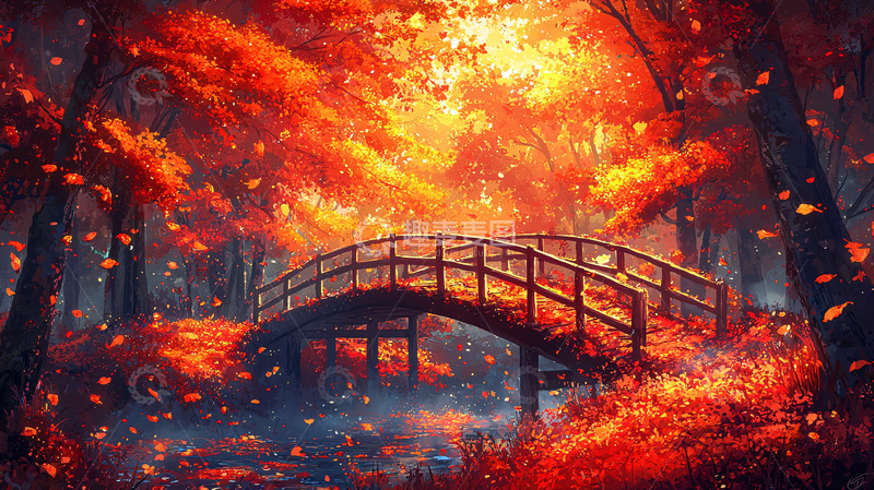 高清大图下载【趣麦麦图】秋日红枫小桥流水
