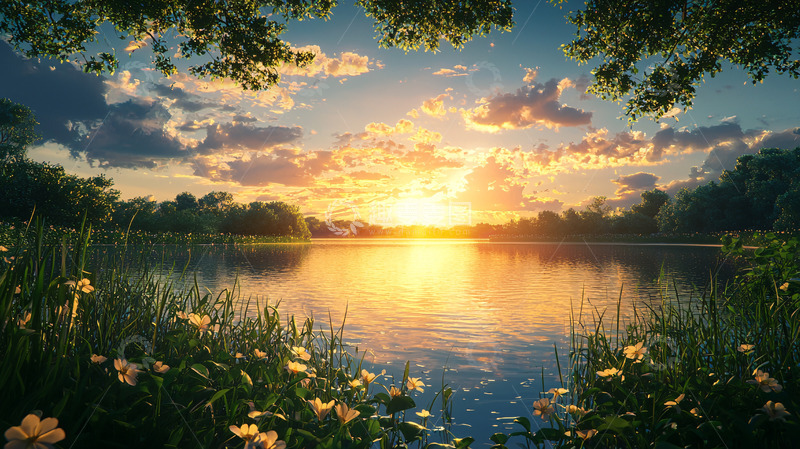 高清大图下载【趣麦麦图】夕阳西下湖边美景