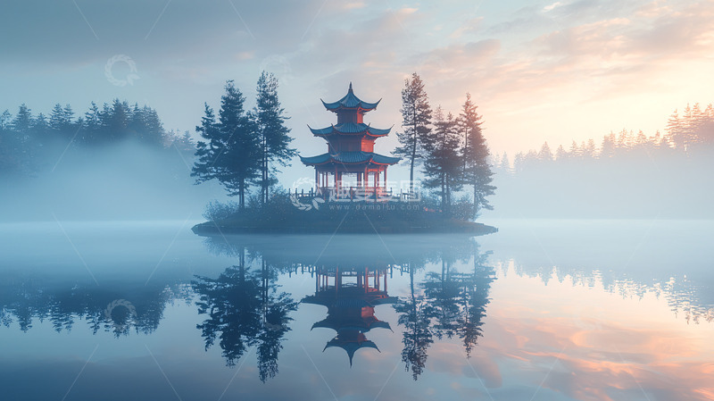 高清大图下载【趣麦麦图】雾气中的湖心亭