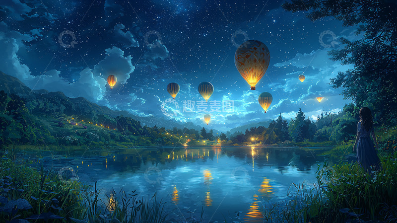 高清大图下载【趣麦麦图】夜空下的热气球与湖景