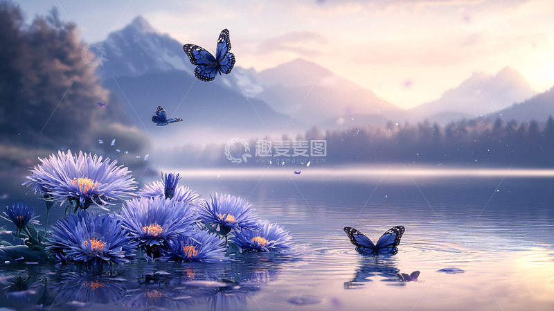 高清大图下载【趣麦麦图】梦幻湖泊蝴蝶花海