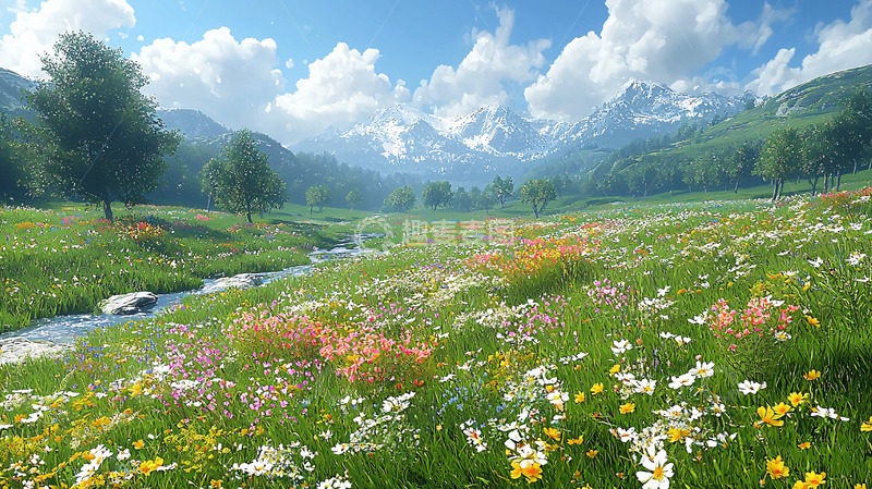 高清大图下载【趣麦麦图】山谷溪流野花盛开