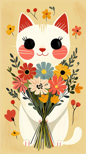 可爱猫咪捧花插画