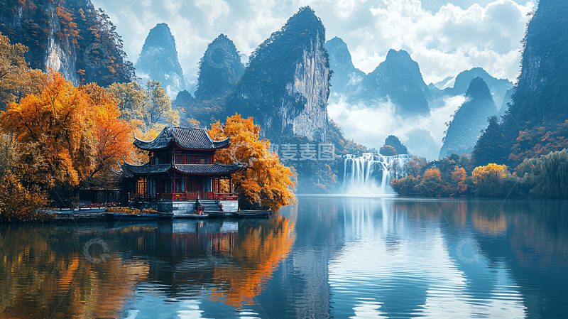 高清大图下载【趣麦麦图】中国山水间的亭台楼阁