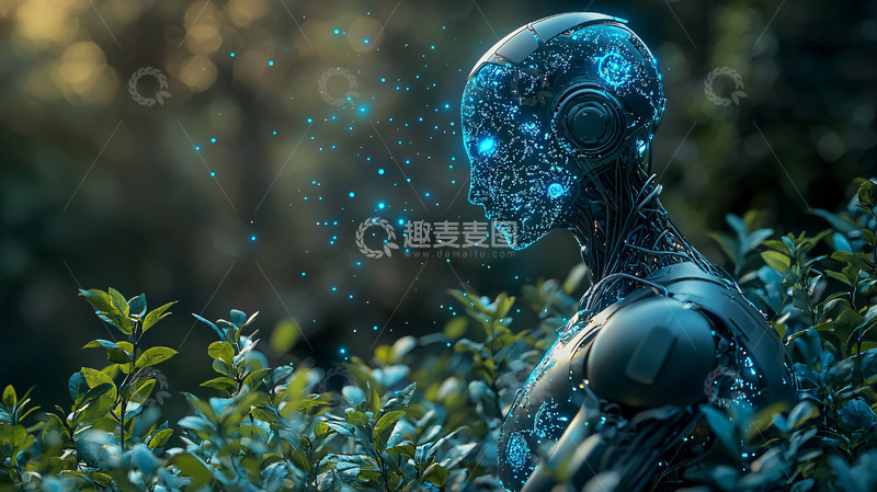 高清大图下载【趣麦麦图】未来机器人站在绿植中