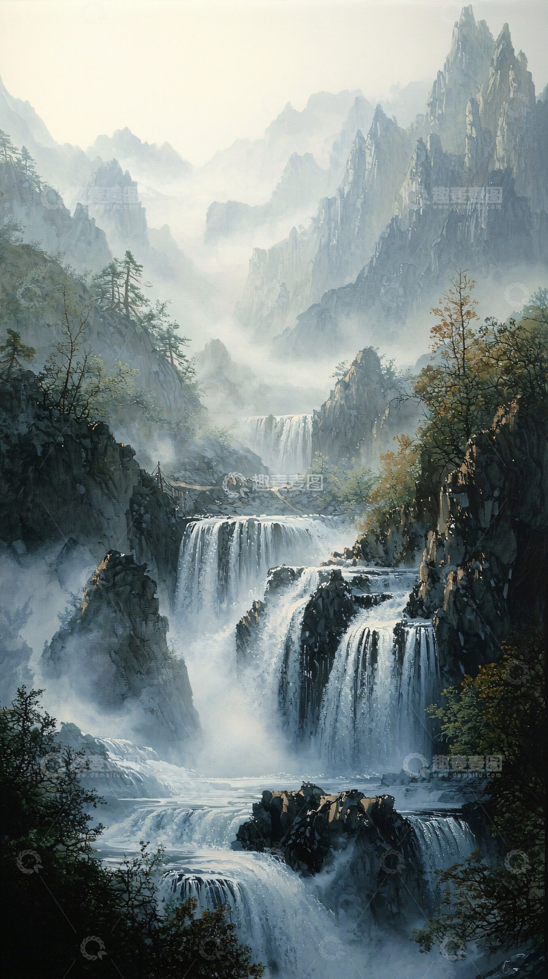 高清大图下载【趣麦麦图】雾气缭绕的瀑布山谷