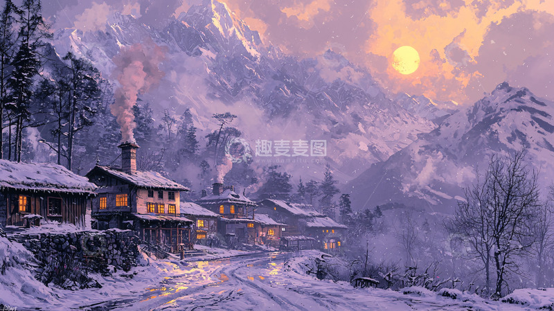 高清大图下载【趣麦麦图】雪山村庄日落图