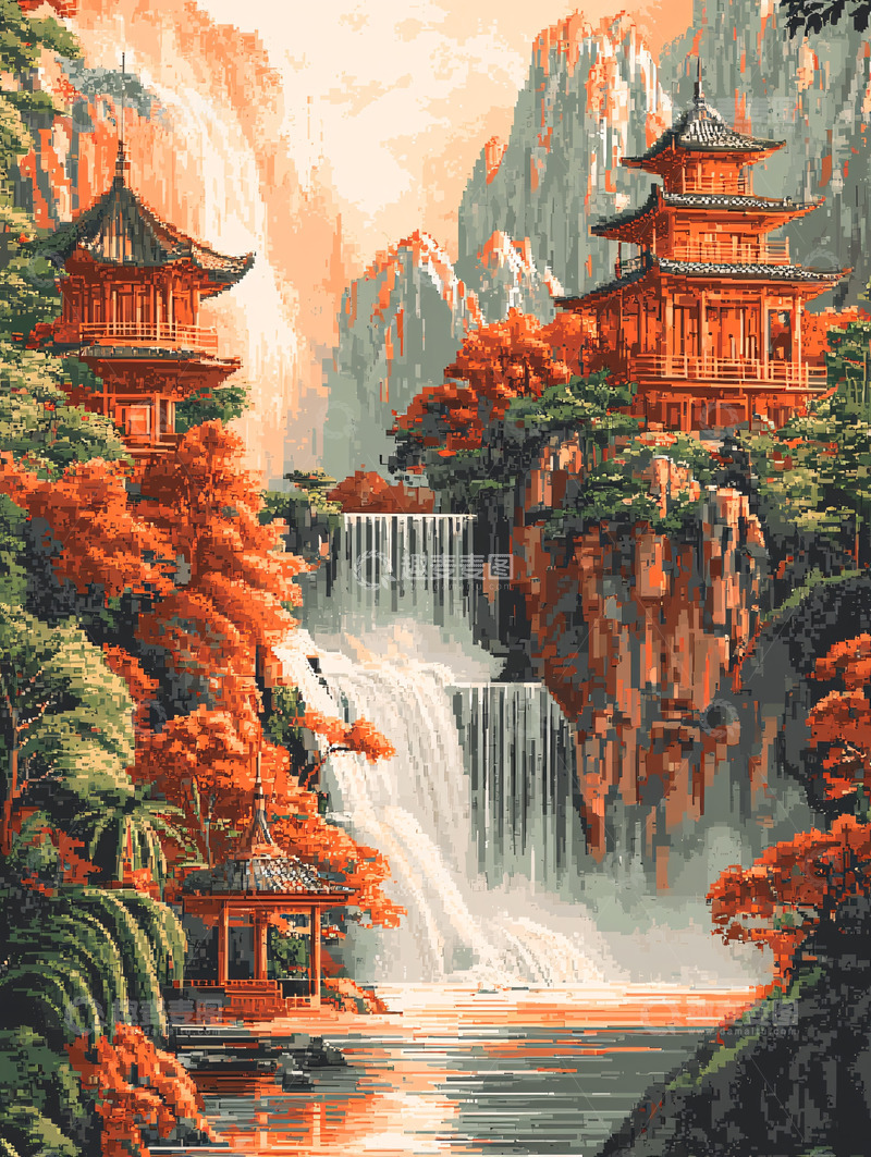 高清大图下载【趣麦麦图】山水瀑布寺庙