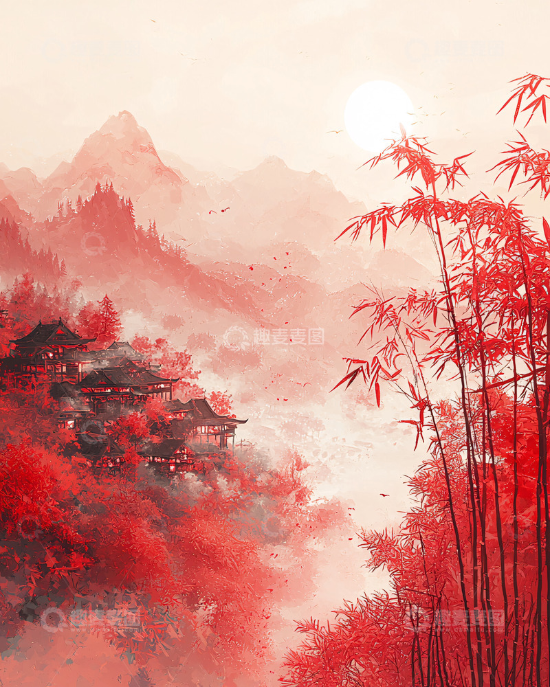 高清大图下载【趣麦麦图】红枫山间古建筑
