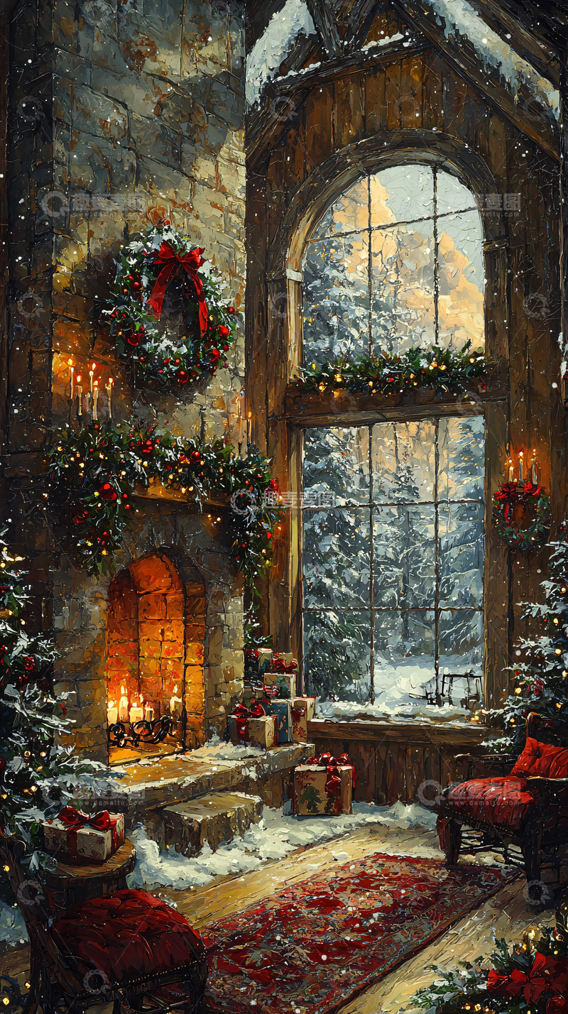 高清大图下载【趣麦麦图】圣诞节壁炉旁的温馨小屋