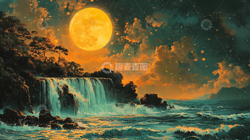 高清大图下载【趣麦麦图】梦幻巨月下的瀑布