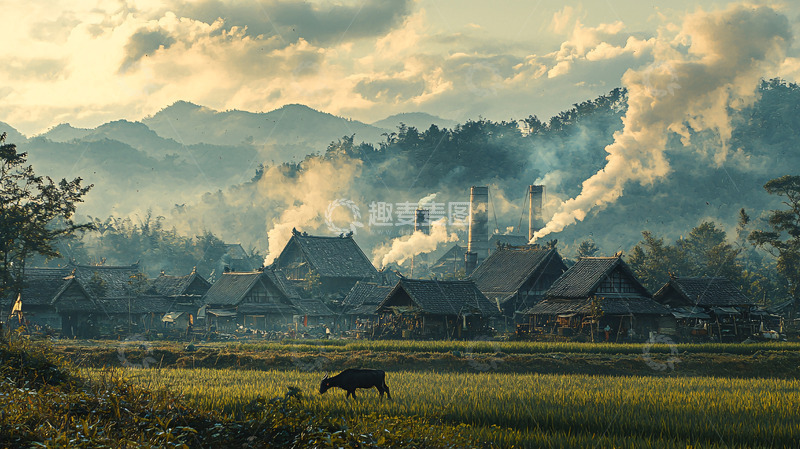 高清大图下载【趣麦麦图】乡村烟雾缭绕的工业景象