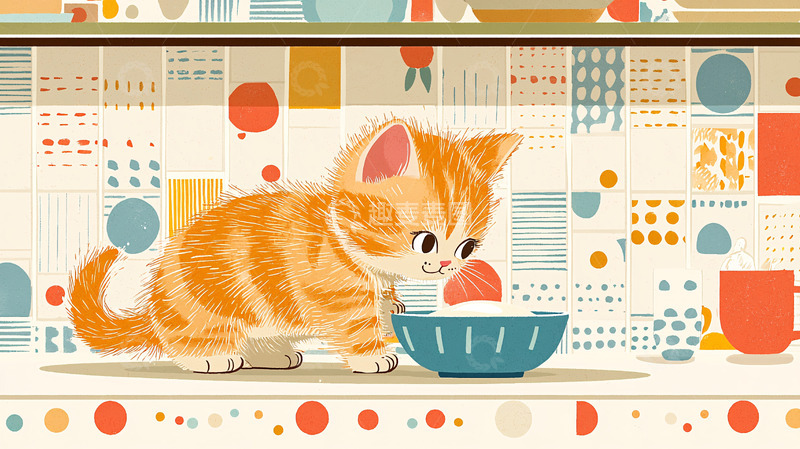 高清大图下载【趣麦麦图】小猫喝奶的卡通插画
