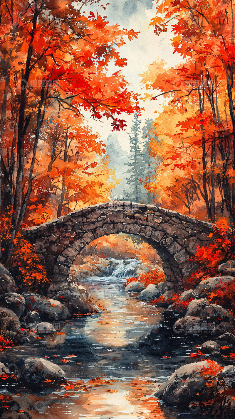 高清大图下载【趣麦麦图】秋日石桥流水森林