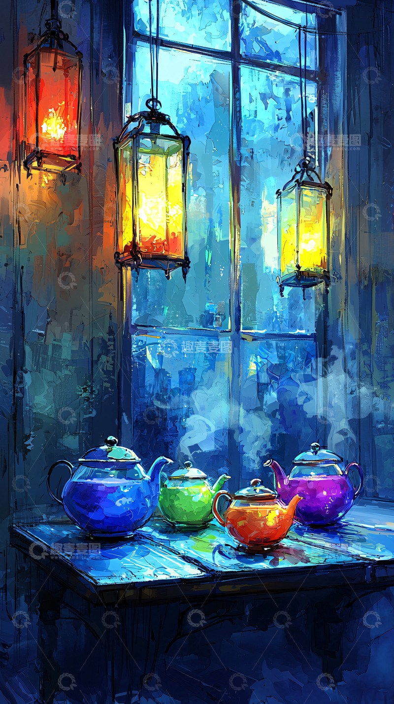 高清大图下载【趣麦麦图】静谧夜色下的茶壶
