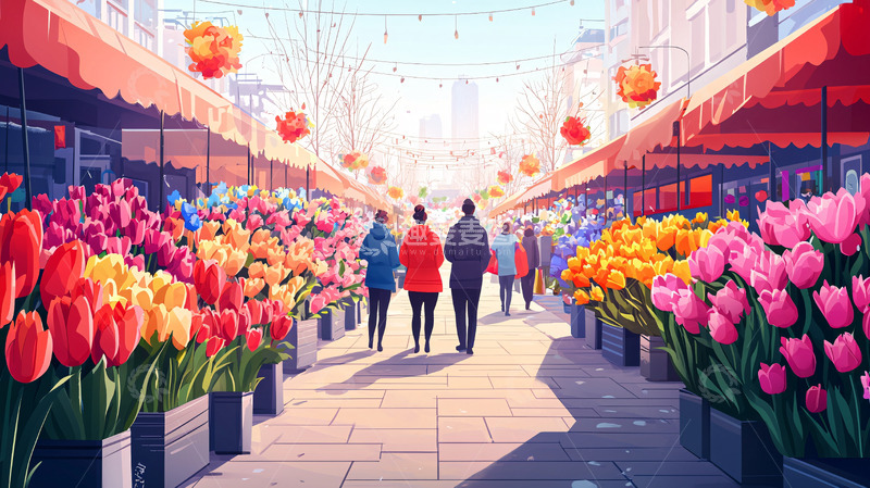 高清大图下载【趣麦麦图】阳光明媚的花卉市场街景