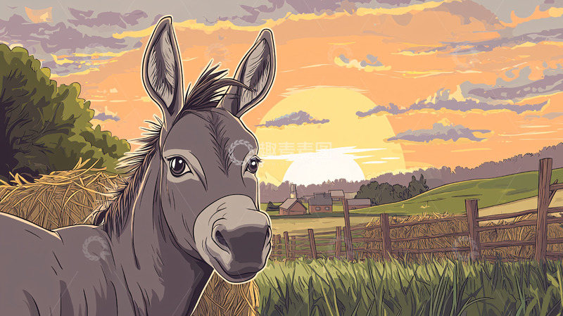 高清大图下载【趣麦麦图】驴子日落田园风光
