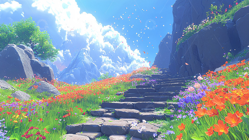 高清大图下载【趣麦麦图】阳光明媚的山间花田小路