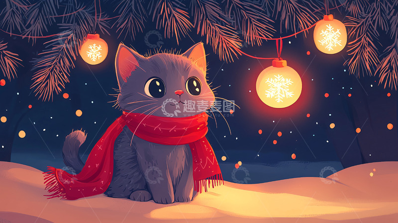 高清大图下载【趣麦麦图】戴红围巾的小猫圣诞节