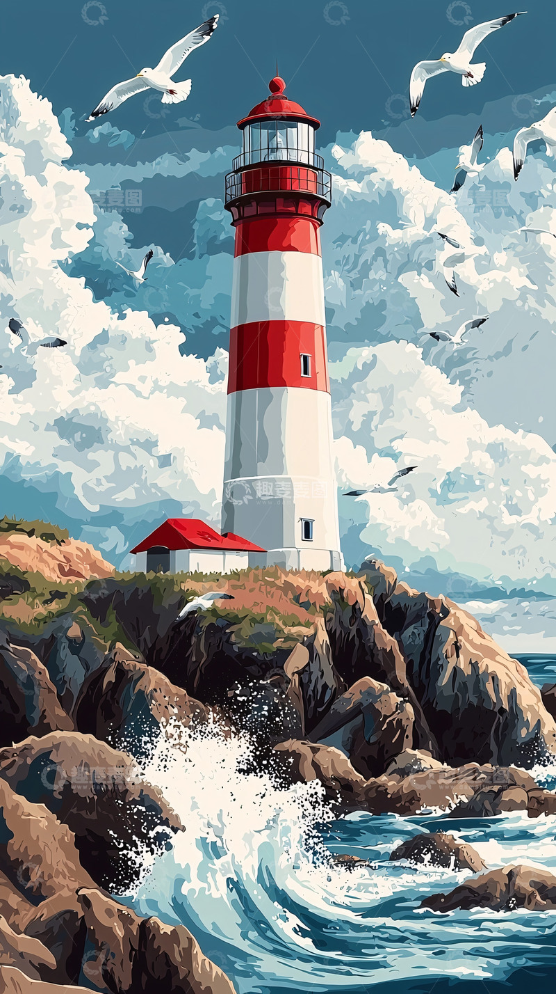 高清大图下载【趣麦麦图】海边灯塔风景画