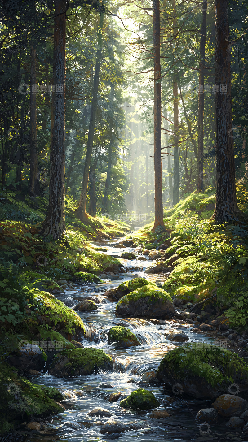 高清大图下载【趣麦麦图】绿意盎然的森林小溪