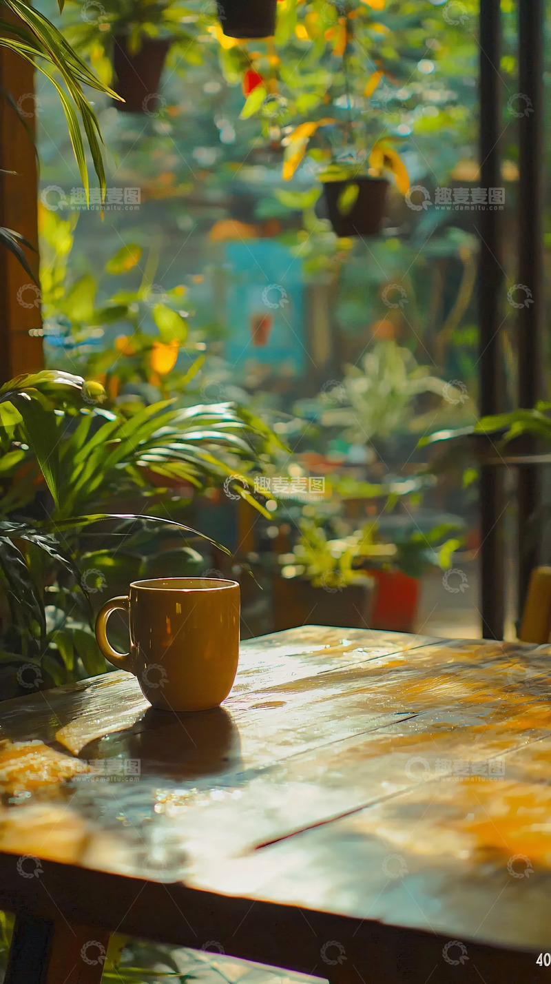 高清大图下载【趣麦麦图】阳光洒落木桌上的咖啡杯