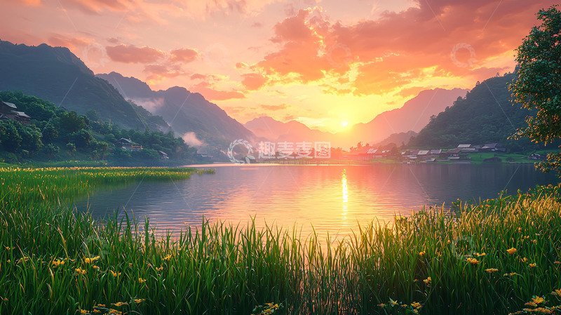 高清大图下载【趣麦麦图】夕阳西下湖光山色
