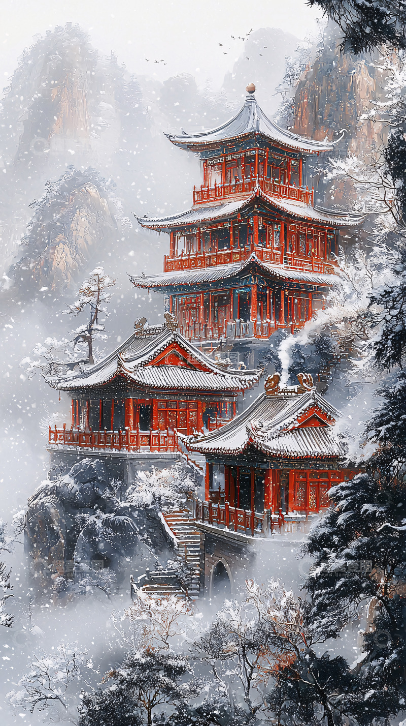 高清大图下载【趣麦麦图】山间雪景下的红色古建筑