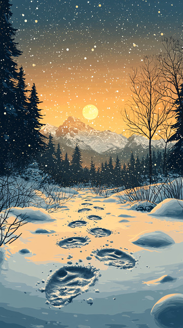 冬日雪山足迹温暖阳光