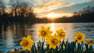 夕阳下湖边水仙花