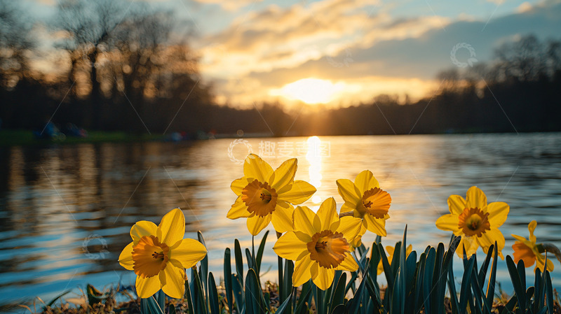 高清大图下载【趣麦麦图】夕阳下湖边水仙花