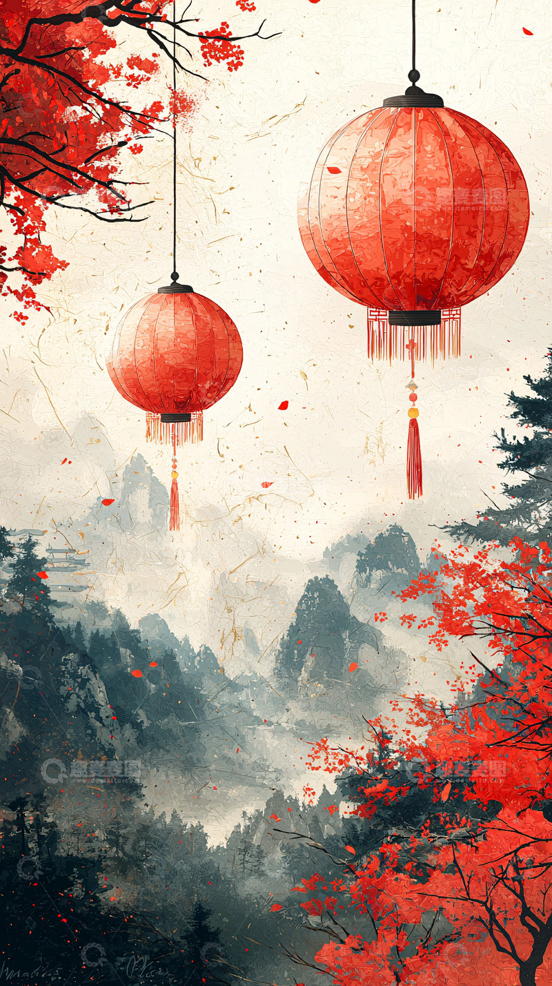 高清大图下载【趣麦麦图】水墨红灯笼山水画