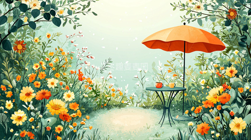 高清大图下载【趣麦麦图】花园里的橙色阳伞