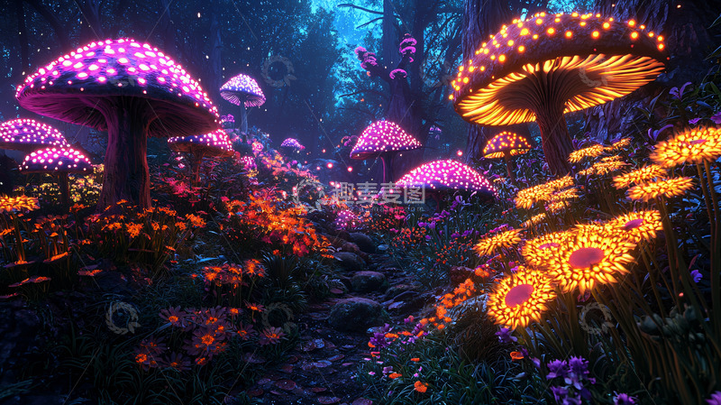 高清大图下载【趣麦麦图】发光蘑菇森林